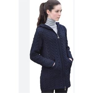 Aran Crafts Full Zip Hooded Knit Sweater In Navy Blue Size M